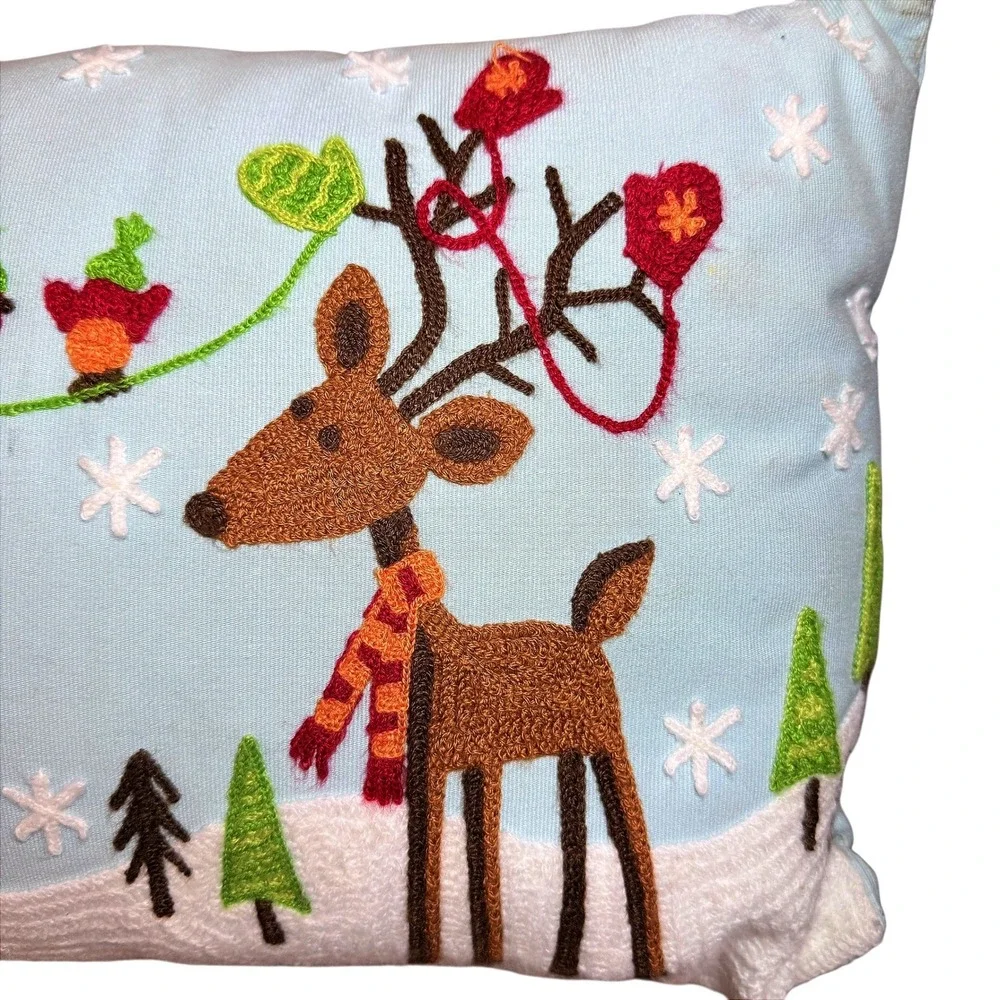 Pier 1 Embroidered Reindeer Birds Christmas Decorative Pillow Light Blue Festive